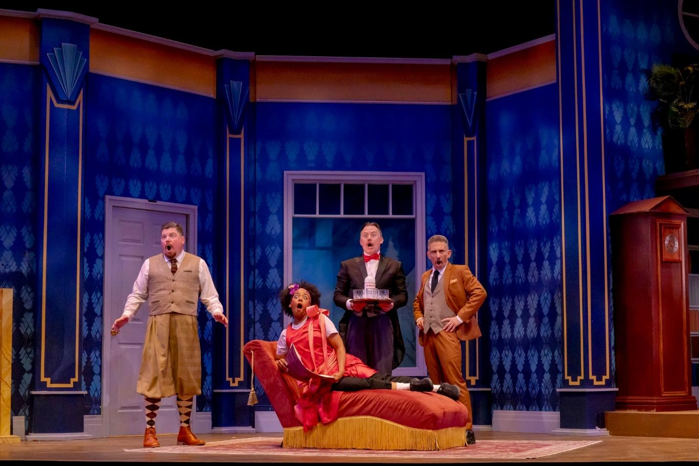 Billy Chace, Candice Handy, Justin McCombs, and Jeremy Dubin in CSC’s The Play That Goes Wrong.